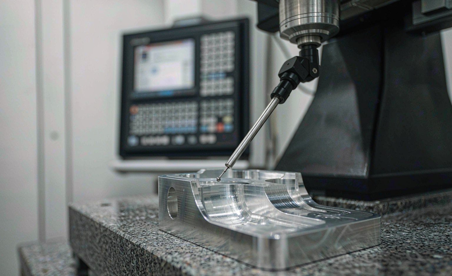 Coordinate measuring machine probing a machined aluminum part on a granite table