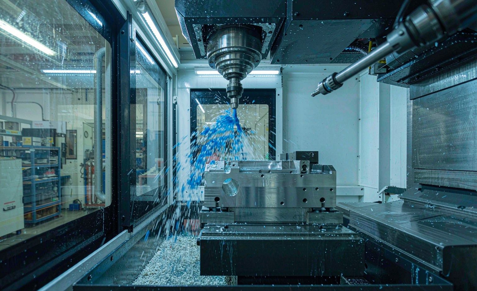 Five-axis CNC machining center cutting an aluminum housing with coolant